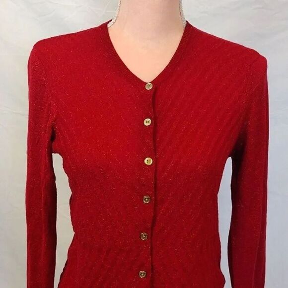 Dana Buchman Red Metallic Gold Chevron Knit Button Up Cardigan Medium - Picture 5 of 15